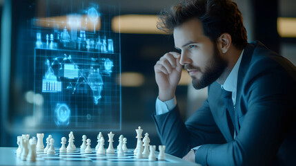 A businessman deep in thought as he contemplates his next chess move amidst futuristic digital displays creating a compelling atmosphere.