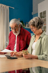 close up in bright kitchen an elderly cute couple at the table count their expenses monthly payment summing up the results of the year utilities count monthly survival count money