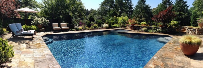 In Ground Pool. Luxurious Pool with Backyard Chair for Summer Relaxation