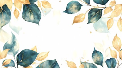 An Elegant Watercolour Leaves Background Design Featuring Blue and Gold Accents