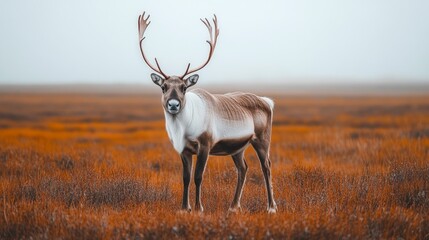 Obraz premium A reindeer with large antlers stands in a field of brown grass with a foggy background.
