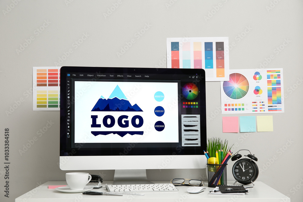 Fototapete workplace of graphic designer with modern computer, alarm clock and color charts on white table