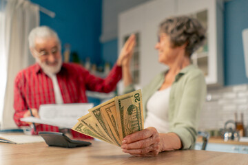 close up money in bright kitchen an elderly cute couple at the table count their expenses monthly payment summing up the results of the year utilities count monthly survival count money