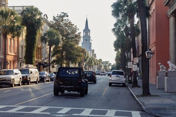 Broad Street in the French Quarter. In the distance is Saint Michael's Church,  Charleston, South...