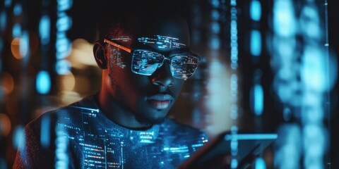 IT Student in Futuristic Setting: Man using Phone with Data Hologram for Cybersecurity Research