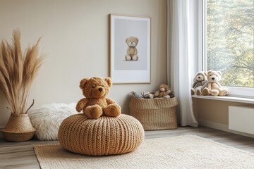 Stylish scandinavian kid room with mock up poster, toys, teddy bear, plush animal, natural pouf and children accessories. Modern interior with beige background walls. Template. Design home