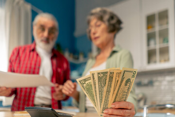 close up money in bright kitchen an elderly cute couple at the table count their expenses monthly payment summing up the results of the year utilities count monthly survival count money