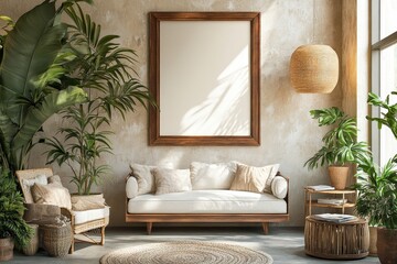 Modern composition of living room interior with design armchair, wooden shelf, old window, dried flowers in vase, brown mock up poster frame, decoration and elegant personal accessories, Generative AI