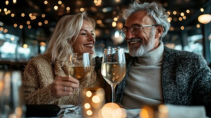 A mature couple shares a heartfelt moment, toasting with wine in a warmly lit restaurant, surrounded by twinkling lights, exuding warmth and love.