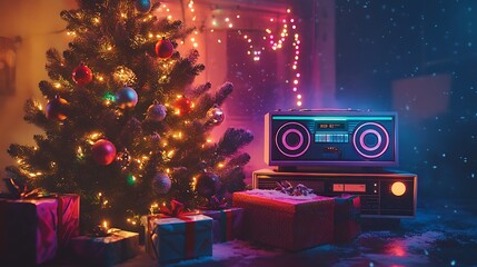 80s retro Christmas with neon lights on a tree vibrant presents and classic boomboxes next to a cassette deck snow falling in the background 