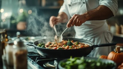 A skilled chef stirs a steaming pan of vegetables and meat over a stove, highlighting the joy of culinary art, precision, and passion in a vibrant kitchen atmosphere.