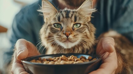 A cat with piercing green eyes stares eagerly at a bowl of dry cat food held in tender hands, encapsulating the moment of longing and satisfaction shared between pet and owner.