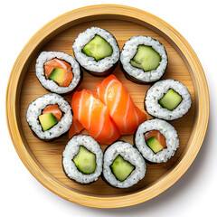 Sushi with salmon, cucumber, avocado on round bamboo plate top view, white background