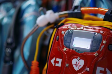 Red defibrillator hanging on a stretcher waiting to be used by paramedics