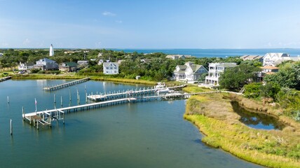 Fototapeta premium Harbor and town of Ocracoke on the Outer Banks, North Carolina, United States.