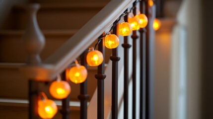 Pumpkin Lights Decorate a Cozy Staircase