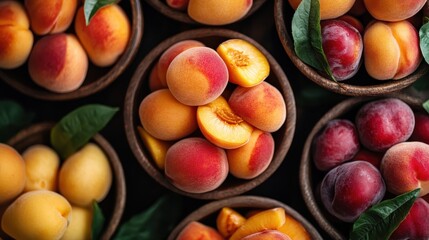 An appealing close-up of soft, fuzzy peaches and juicy plums carefully arranged in several brown bowls, focusing on their rich hues and ripe freshness.
