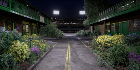 Nighttime View of Stadium Entrance with Flowers and Lights