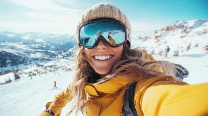 A cheerful woman in a yellow jacket, skiing down snow-covered mountains, with a wide happy smile, embracing the thrill and excitement of a winter adventure.