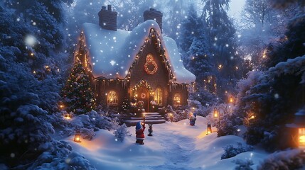 Christmas gnomes decorating a snowy woodland cottage filled with glowing lanterns festive trees and magical Christmas vibes all around 
