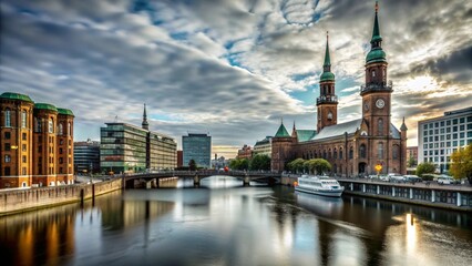 Fototapeta premium A picturesque view of a canal in a European city with a church, bridges, and boats, under a dramatic cloudy sky.