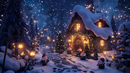 Christmas gnomes decorating a snowy woodland cottage filled with glowing lanterns festive trees and magical Christmas vibes all around 