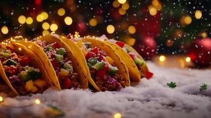 Christmas tacos with festive red and green toppings glowing lights wrapping around the taco shell while snow falls in the background 