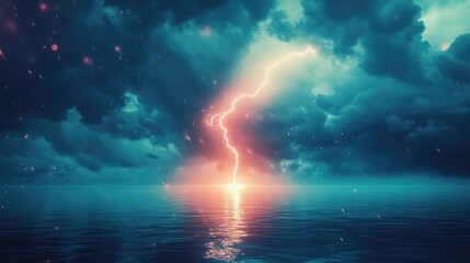 Obraz premium A powerful lightning bolt splitting the sky over a stormy sea, casting a dramatic glow across the water and sky
