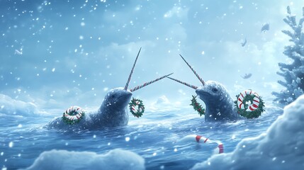 Naklejka premium Narwhals swimming in icy arctic waters with candy canes and Christmas wreaths while snow falls from a wintry sky holiday magic in the sea 