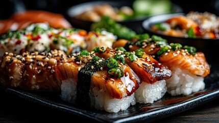 A beautifully arranged selection of assorted sushi with various toppings, garnished with sesame seeds and green onions, served on a dark plate for visual contrast.