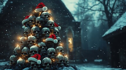 Skulls wearing Santa hats stacked around a Christmas tree with eerie glowing lights in a gothic holiday setting snow falling gently 
