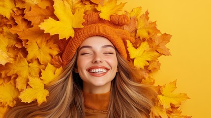 Close-up Portrait of Beautiful Woman with Long Wavy Hair Adorned with Vibrant Yellow Maple Leaves, Wearing Orange Beret and Stylish Brown Jacket on Warm Background