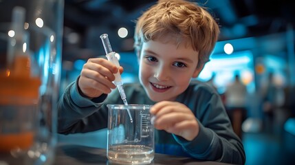Young Boy Conducts a Science Experiment with a Pipette and Beaker
