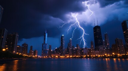 Obraz premium Multiple lightning bolts cutting through a stormy night sky over a city, lighting up the buildings and creating a majestic display