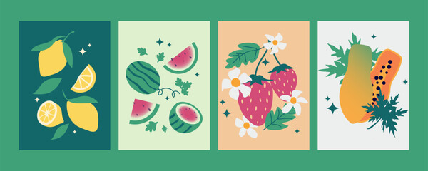 Set of fruit poster design, flat design, watermelon, strawberry, lemon and papaya