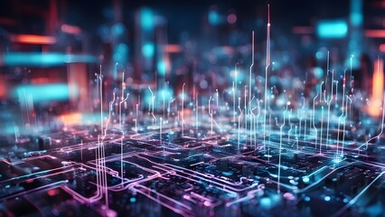 A futuristic digital landscape with glowing circuits and data streams.