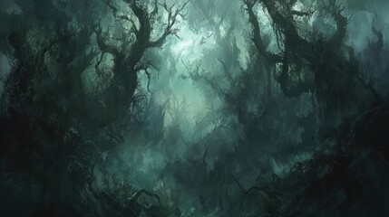Obraz premium A dense, shadowy forest with twisted trees and heavy mist, creating a frightening, foreboding natural atmosphere