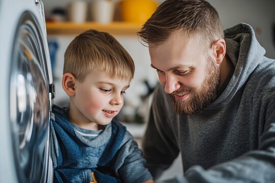 Father and son operating washing machine in utility room at home