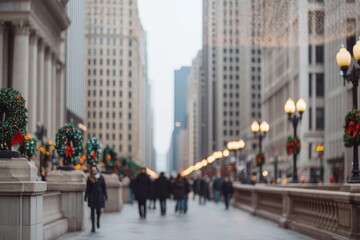 Fototapeta premium A festive urban stroll, Christmas wreaths adorn lampposts, blurring city backdrop