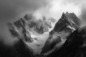 Dramatic black and white image of a snow-capped mountain range shrouded in mist and clouds.