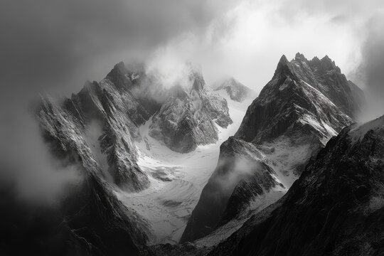 Dramatic black and white image of a snow-capped mountain range shrouded in mist and clouds.