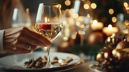 A glass of white wine reflects a red candle's flame, creating a festive atmosphere with soft bokeh lights that enhance the cozy, celebratory setting of the dining table.
