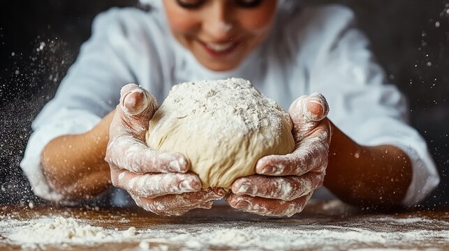 A joyful baker skillfully kneading dough, with flour dusting in the air, captures the essence of traditional baking in a warm, rustic kitchen setting, reflecting culinary passion.
