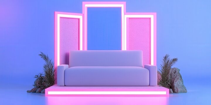 Minimalist Neon Sofa with Palm Plants and Pink Lighting for Interior Design