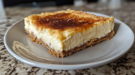 A slice of creamy cheesecake with a caramelized crust on a white plate