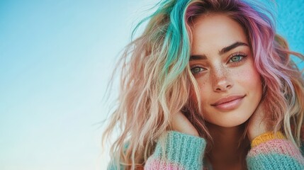 Fototapeta premium A woman with multicolored pastel hair and a cozy sweater smiles with a bright, vibrant sky in the background, embracing warmth and confidence.