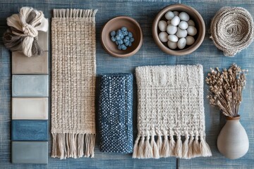 Fototapeta premium Creative flat lay composition with textile and paint samples, panels and cement tiles. Stylish interior designer moodboard. Blue, beige and brown color palette. Copy space, Generative AI