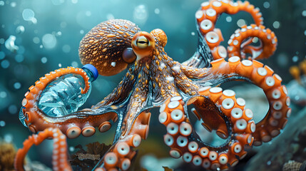 Obraz premium An octopus holding a plastic bottle
