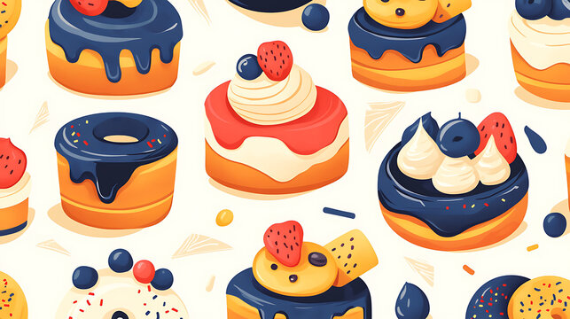 Delight in this seamless pattern of whimsical cakes and donuts, featuring vibrant colors and playful designs that evoke sense of joy and sweetness