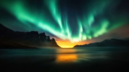 Naklejka premium Stunning aurora borealis illuminates the night sky over rugged mountains and a reflective lake, capturing nature's vibrant colors and serene beauty at sunset.